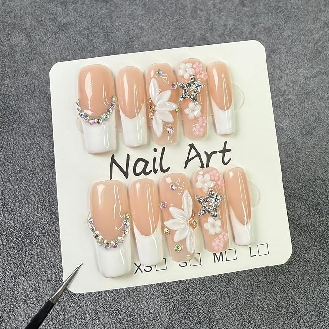 White French Tip Press on Nails Flower Handmade Press on Nails with Rhinestone Designs Long Coffin Shaped Fake Nails Full Cover Thick Acrylic and Muti-Layer Gel Stick on Nails for Women（S)