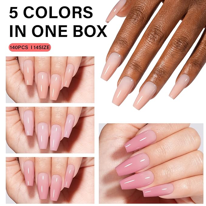 AILLSA RealFit Nude Pink Press On Nails Medium Coffin - Long Lasting Pre-Shaped Natural False Nails, Fake Nails Extensions for Salon Home DIY Gifts 140 PCS