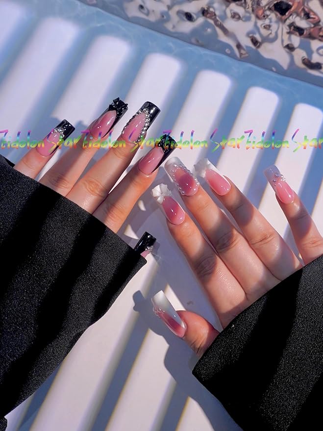 HAND-PAINTED White Press Ons Neon Small Press on Nails Long French Press on Nails Coffin Medium Short Nail art Fake Nail Art Kit with 7g Glue on Nails Handmade Almond Square Nails (TJ59, Medium)