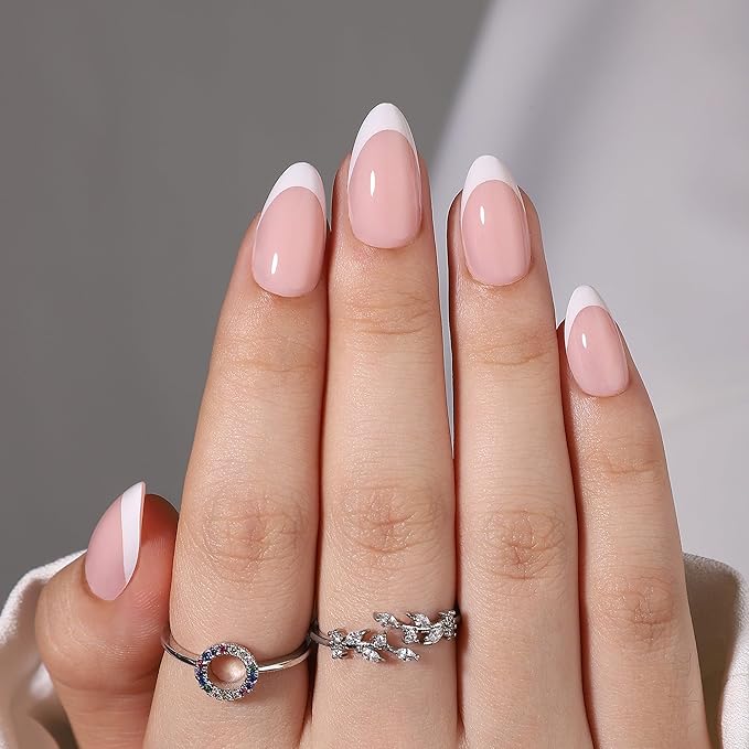 RTKHFZE Gel Press on Nails Short-French Tip Press On Nails Almond,Soft Gel Fake Nails for Women,Natural Reusable Stick On Nails in 16 Sizes - 32 False Nails Kit for Gift Idea