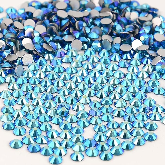 NCB Nancybeads 2000pcs Flatback Round Glass Nail Art Rhinestones Crystal for DIY Making Accessories Shoes, Clothes, Face Art, Bags, Manicure (Blue Zircon AB, SS10 2000pcs)