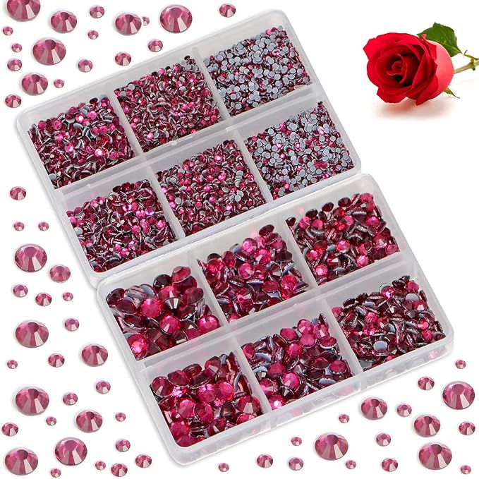 Bymitel Hotfix Crystal Rhinestones Round Gems for Crafts,Mixed 6 Sizes with Wax Pencil Kit, Fuchsia 1.6-6.3mm SS4-SS30/8000pcs