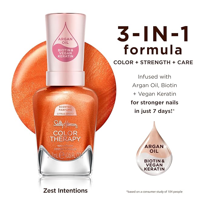 Sally Hansen Color Therapy Scented Nail Polish | Biotin, Argan Oil, Long Lasting, Healthy Nails, Nail Strengenther, Opaque | 293 Zest Intentions, Citrus Spritz| Bright Burnt Orange Nail Color
