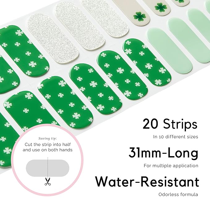 NAILOG Semi Cured Gel Nail Strips for St. Patrick's Day (20 Extra Long Green Stickers/Wraps) | Glossy & Long Lasting Soft Gel Finishing | The Shamrock
