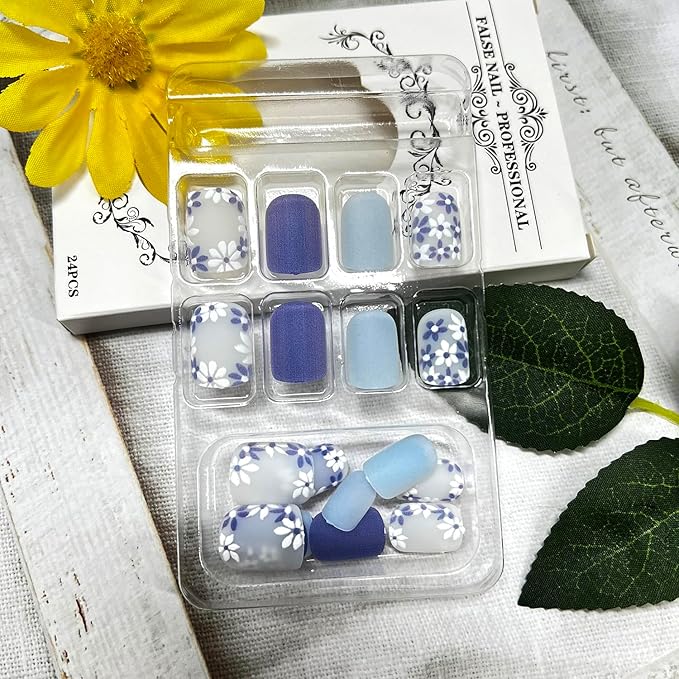 Flower Press on Nails Short Square Fake Nails with Spring White Blue Floral Designs Light Blue Matte Full Cover False Nail Acrylic Flowers Stick on Nail for Women 24Pcs