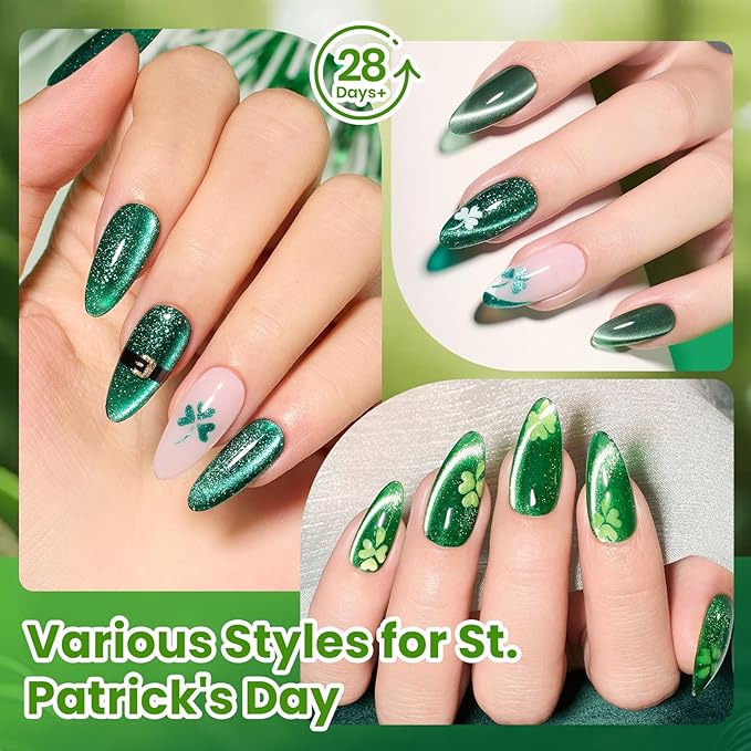 Beetles Green Spirit Cat Eye Gel Nail Polish Set - 6 Colors St Patricks Day Green Cat Eye Glitter Spring Gel Polish Kit Lime Emerald Olive Magnetic Shine Soak Off UV Manicure Gift for Women