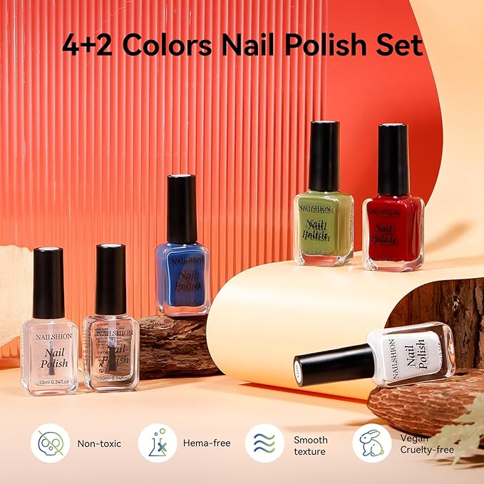 Nail Polish Set with Clear Base & Top Coat, Classic Red Green Blue White French Nail Polishes Non-Gel for All Seasons, Castor Oil, Quick Dry, Vegan,Hema-free, DIY Nails Art Gift for Women