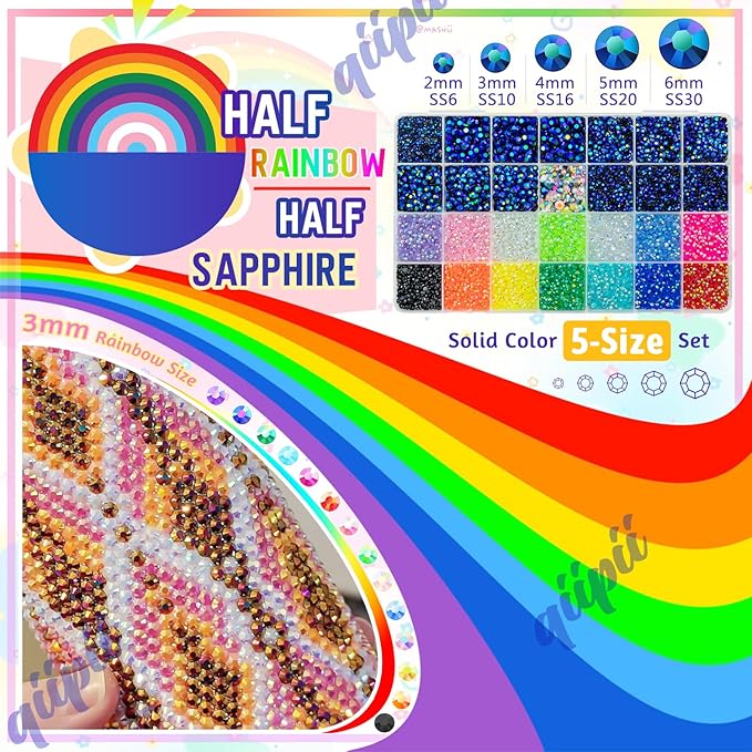 Sapphire Blue AB Resin Rhinestones w B7000 Glue for Crafting Bedazzling 2mm-6mm Flatback Colorful Jelly Stones Diamonds Gems Bedazzler Kit for Nails Face Eyes Makeup Tumblers Bottles DIY Crafts