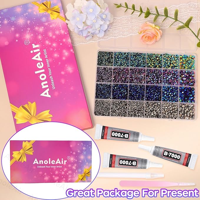 26000PCS Black AB Blue Purple Resin Flatback Rhinestones for Crafting, Resin Rhinestones for Bedazzling Kit, 2/3/4/5/6mm Flatback Gems Jewels for DIY Mugs Tumblers Clothing Shoes Nail Art