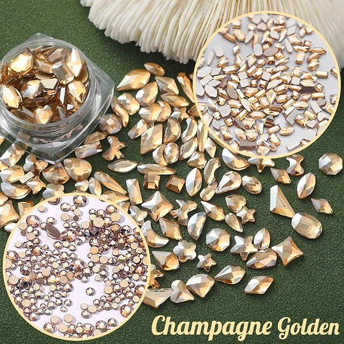 2052Pcs Golden Rhinestones for Nails 72pcs Multi Shapes Crystal Flatback Champagne gold Rhinestones Gems +1980pcs Round Beads Glass Stones Diamonds Jewels w Wax Pen for Faces Eyes Makeup Crafts