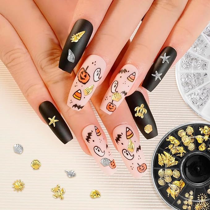 2 Disc Ocean Nail Art Charms, 3D Metal Nails Stickers, Beach Starfish Seashell Decals Manicure DIY Embellishments for Women- Gold& Silver