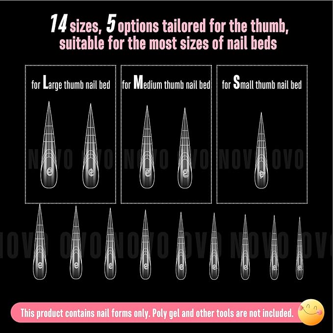 NOVO OVO Extra Super Long 3XL 4XL Stiletto Pointed Nail Dual Forms for Polygel Extension, Reusable Full Cover Acrylic / Builder / Hard / Poly Gel Molds of Manicure Art for Salon DIY x 14 size 70 Pcs