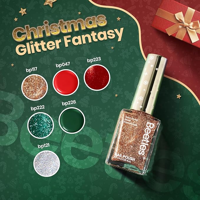 Beetles Nail Polish, 6 Colors Quick Dry Nail Polish Glossy Glitter 7.5ml /0.25 Fl Oz Red Green Gold Silver for New Year Nail Art Manicure DIY at Home Gifts for Women