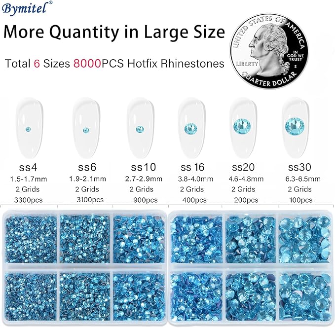 Bymitel Hotfix Crystal Rhinestones Round Gems for Crafts,Mixed 6 Sizes with Wax Pencil Kit, Aquamarine 1.6-6.3mm SS4-SS30/8000pcs