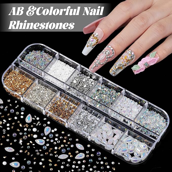 Nail Charms and Gems Set, 6 Boxes Mixed Color Rhinestones Clear Gold Silver Bead Decorations White Beige Pearls for Crafting, 30 Sheets Gold Stickers for Nails with Tweezers for Women Nail Art DIY