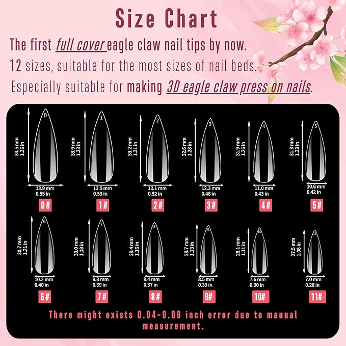 NOVO OVO Halloween Nail Tips Curved Stiletto, Clear Gel Extension kit Full Cover to Make Press on 3D Eagle Claw nails,Thick Extra Hawk Deep Curve Almond French Tips Soft False Fake 12 Size 120pc