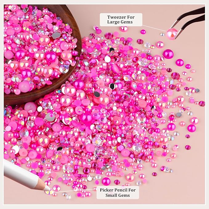 14000PCS Flatback Pearls and Pink Rhinestones for Bedazzling Kit, Hot Pink Mixed Size 3-10mm Resin Rhinestones and Half Pearls for Crafting, Nail Art Crafts Decoration