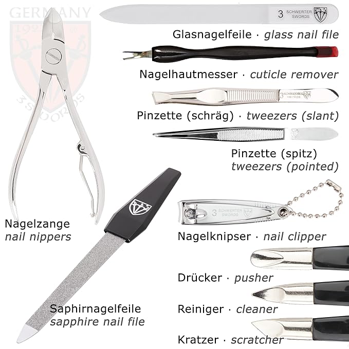 3 Swords Germany – Brand Quality 12 Piece Manicure Pedicure Grooming kit Set for Professional Finger & Toe Nail Care with Copper Synthetic Leather case - Made in Germany