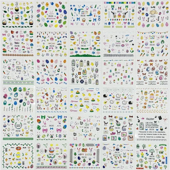 30 Sheets Easter Nail Stickers Green Flower Nail Art Stickers Self-Adhesive with Rabbit Easter Eggs Designs Nail Decals for Women Cute Nails Supplies