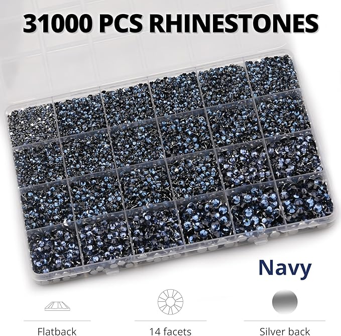 33000Pcs Navy Blue Rhinestones for Bedazzling, Bedazzler Kit with Flatback Craft Rhinestones Navy Bulk and B7000 Glue, 2,3,4,5,6mm Resin Flat back Crystals for Craftings, Crafts, Clothes, Shoes, Nails