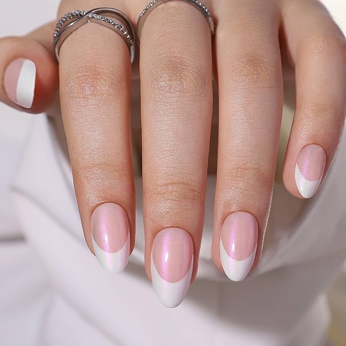 RTKHFZE French Tip Press On Nails Almond-Gel Press on Nails Short,Soft Gel Fake Nails,Supremely Fit & Natural Reusable Stick On Nails in 16 Sizes - 32 False Nails Kit with Glue