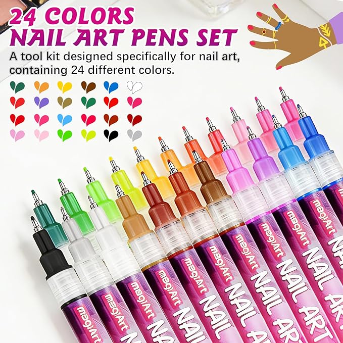 Glow In The Dark Nail Art Pens, 24 Color 0.5 MM Fluorescent Neon Nail Polish Pens Set Drawing Point Painting Liner Painted Pen Kit, Waterproof Nail for DIY Design Manicure Tools