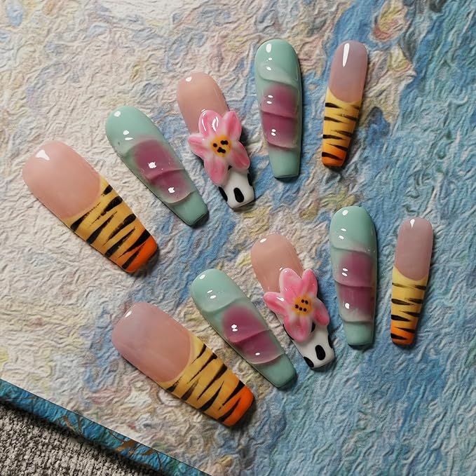 3D Floral French Tip Long Coffin Press On Nails, Zebra Print with Handmade Lotus Flower Glossy Acrylic Nails Full Cover Stick on Nails for Women (Playful Zebra with Lotus,S)