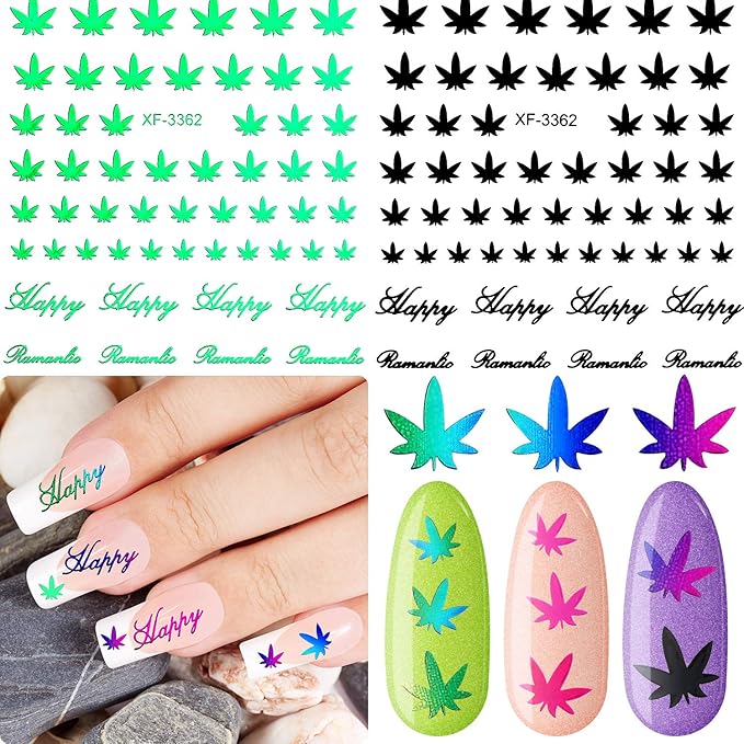 12 Sheets Colorful Leaf Nail Decals - Self-Adhesive Pot Leaves Nail Stickers for Women
