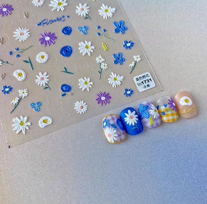 Dedyel Small Daisy Little Wild Flower Nail Stickers 5D Embossed Wildflower Nail Stickers Spring Summer Red Yellow Blue White Flower Design Nail Art Decoration for Women Girls Kids