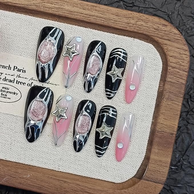 Y2k Press on Nails long Stiletto,Black Star Charms Glitter Swirl, Soft Gel Fake Nails With Tools,Handmade Acrylic 10pcs/Box Pink False Nails With Air Brush Designs(XS)