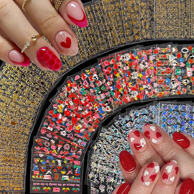 90 Sheets Nail Stickers for Valentine's Day Nail Art Decals 3D Self-Adhesive Heart Star Flower Nail Supplies Charms with Nails Tweezer for Women Nails Decoration