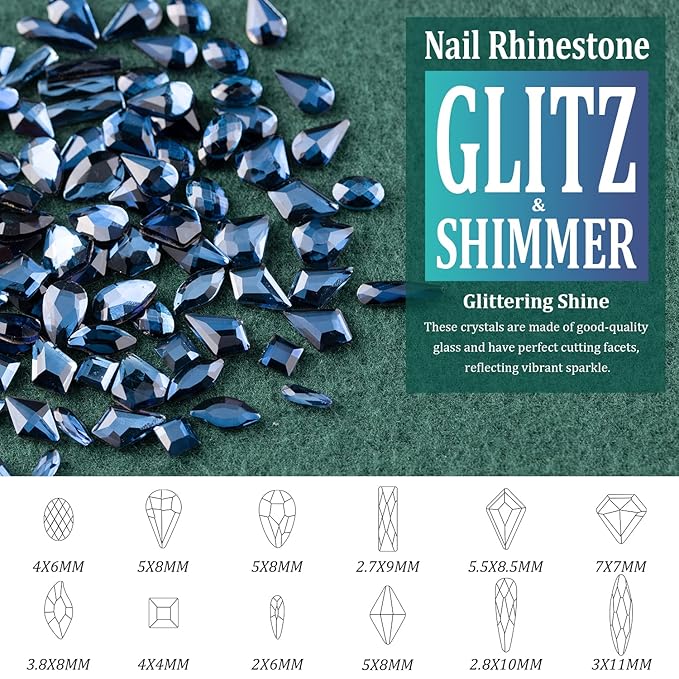 Multi Shapes Black Blue 3D Glass Crystal Nail Art Rhinestones Kit with Flatback Round Bead Charm Gem Stone Jewelry Diamond with Pickup Pen + Tweezer for Manicure Makeup DIY Craft Decoration