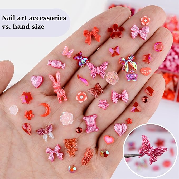 850 Pieces 3D Butterfly Rose Flower Bow Rabbit Bear Nail Charms Kit with Nail Art Rhinestones Pearls Crystal Gems Nail Slices for Manicure DIY Crafts Jewelry Accessories (Red)