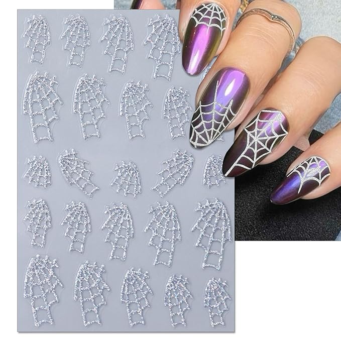 Halloween Nail Art Stickers, Slivery Nail Decals, 3D Self-Adhesive Design for DIY Nail Supplies Decoration (6 Sheets)