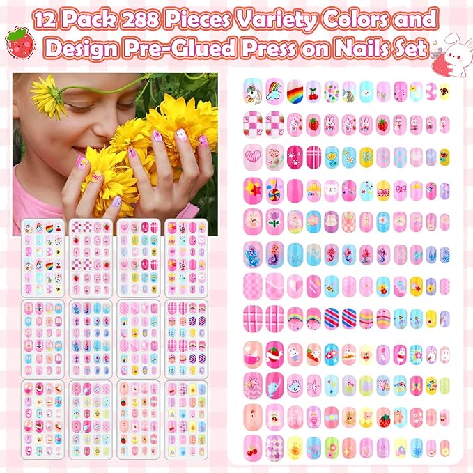 288 Pieces Kids Nails Press ons for Girls, Acejoz Fake Nail Set Pre Glue Stick on Short Nails for Children Little Girls 8-12 Year Nail Art Decoration