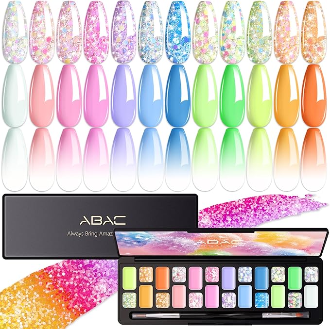 ABAC Solid Gel Nail Polish,Ombre Gel Nail Polish,Pat Paint Nail Gel,24 Colors Sparkly&Shiny Hema-free Soak Off Gel Polish Kit with Double-Ended Nail Art Brush for Salon and Nail Art DIY at Home