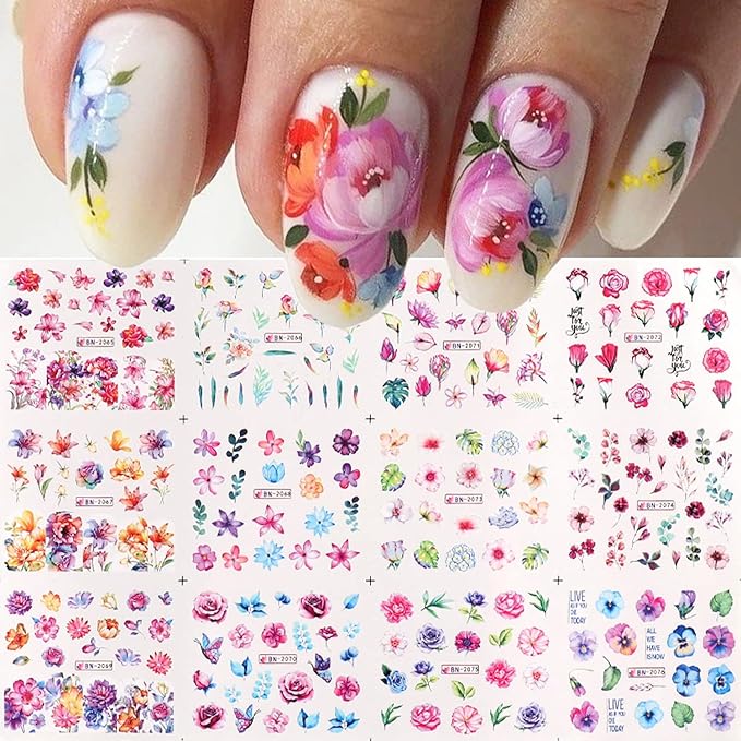 48 Sheets Flowers Nail Art Stickers, Holographic Spring Floral Water Transfer Nail Decals Design, Flowers Leaf Butterfly Nail Sticker for Women Girls Manicure Decorations Resin Nail Decal Tattoo Set