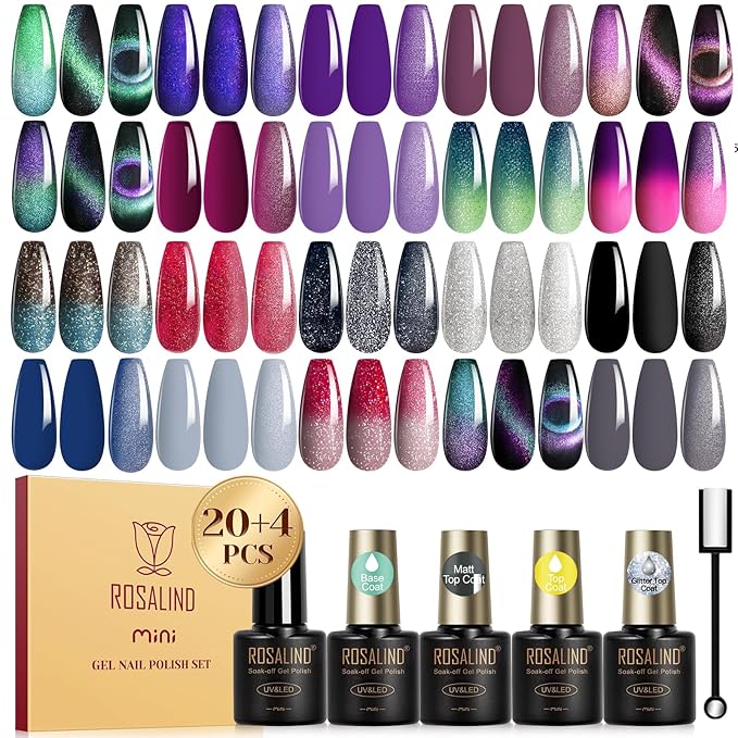 ROSALIND 24PCS Cat Eye Gel Nail Polish Set with Glitter Glossy Matte Top Coat Base Coat, Color Changing Glitter Shinny Effect Magic Gel Polish Set Soak Off Nail Gel Polish Nail Art