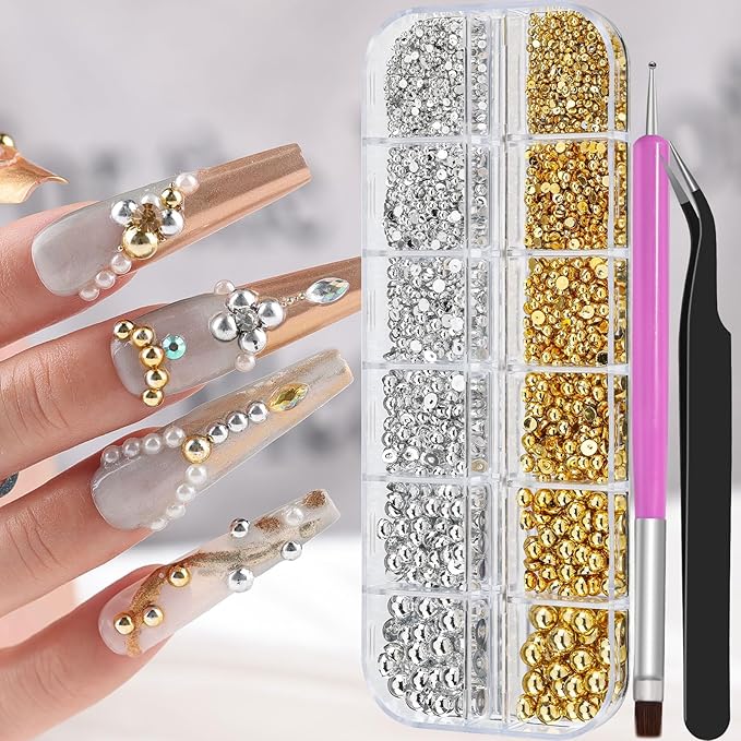 Gold and Silver Nail Charms and Gems, 1.5-5mm Half Round Flatback Nail Pearls Ball Beads Silver Gold Pearls for Nails with Pickup Pencil and Tweezers (12-K1-half-pearls-gold-silver)