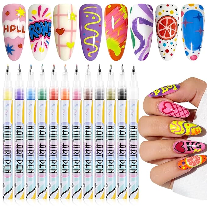 12 Colors Nail Art Pens Set, 3D Nail Polish Pens Quick-Drying Acrylic Paint Markers,For Nail Art Drawing Painting Nail Point Dotting Liner Pen, Nail Design Kit Manicure Tools Home & Salon DIY