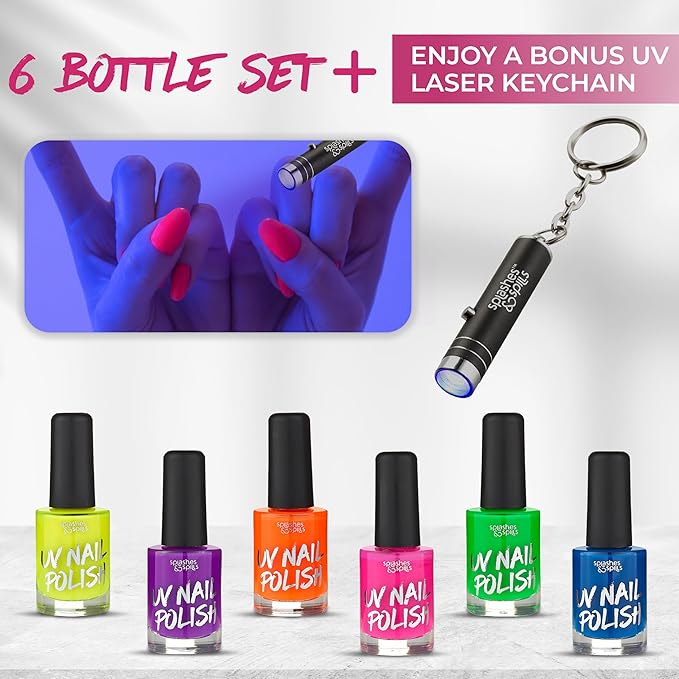 splashes & spills UV Blacklight Glow Nail Polish - 6 Color Variety Pack, 13ml – Day or Night Stage, Clubbing or Costume Makeup