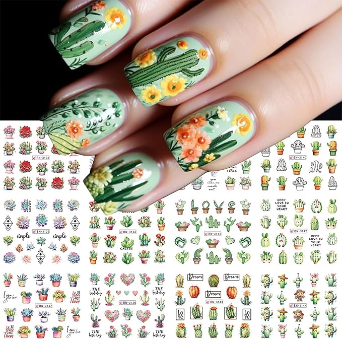 12 Sheets Green Cactus Nail Art Stickers Spring Summer Fall Winter Nail Stickers Cute Water Transfer Nail Decals Holiday Nail Art Supplies for Women Nail Decorations