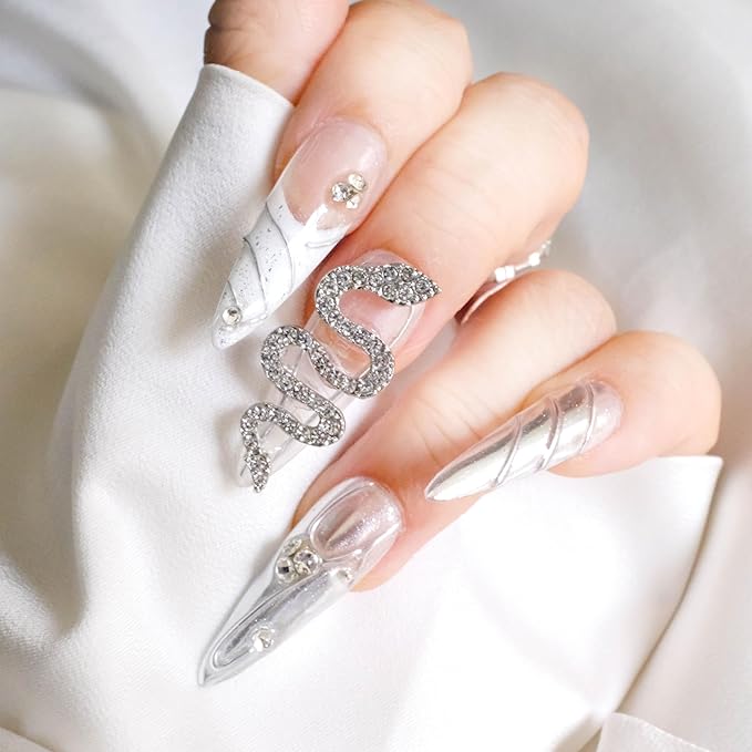 Luxury Long Almond Press-On Nails, White and Silver Rhinestone Design, 3D Snake Pattern with Pearl Accents, Handmade False Nail 10 Pieces (Large, LS)