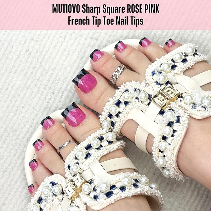 Toe Nail Tips Press on Black French Tip,ROSE PINK, Long/Medium Wide Fake Toenails,Full Cover Sharp Square Pre-Designed Soft Gel False Toenail Acrylic Extension for DIY 15 Sizes 240 pcs
