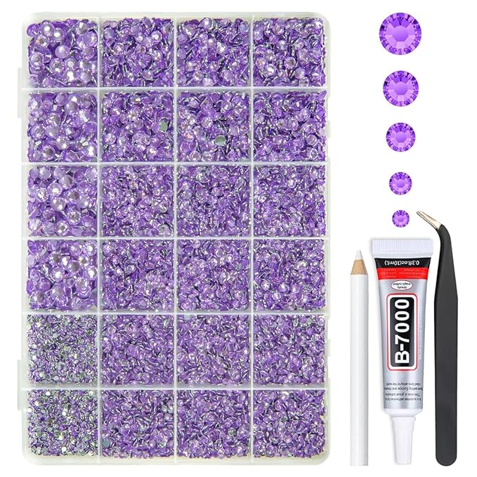 Amethyst Purple Crystal Resin Rhinestones w B7000 Jewelry Glue for Bedazzling Crafting 2mm-6mm Flatback Stones Diamonds Crystals Gems Bedazzler Kit for Nails Face Makeup Tumblers Bottles Crafts