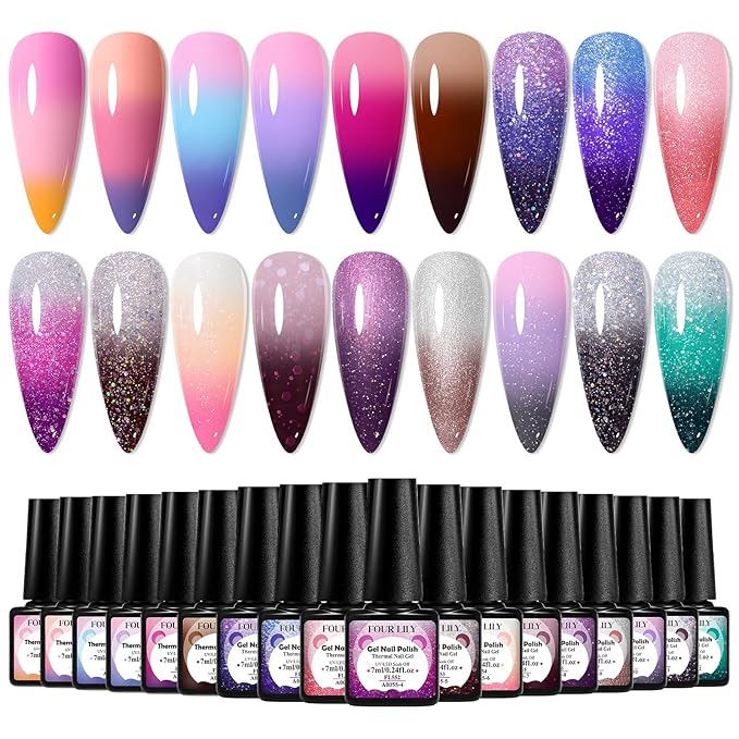Color Changing Gel Nail Polish Set, 18 Temperature Mood Changing Colors Red Pink Purple, Soak Off UV Light Cure Gel Polish for Salon and Nail Art DIY at Home