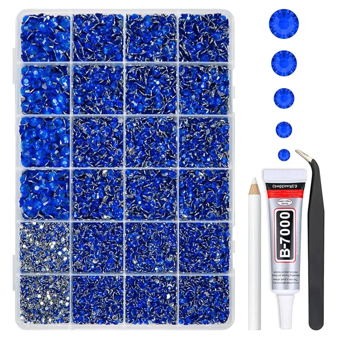 Royal Blue Crystal Resin Rhinestones w B7000 Glue for Bedazzling Crafting 2mm-6mm Flatback Stones Diamonds Crystals Gems Bedazzler Kit for Nails Face Eyes Makeup Tumblers Bottles Crafts Beauty