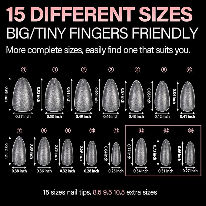 AILLSA Medium Almond Nail Tips 450PCS Full Cover Clear Acrylic Nail Tips Double-Sided Matte No Need Base Coat Press on Fake Nails Tips for Extension False Nails DIY Salon 15 Sizes