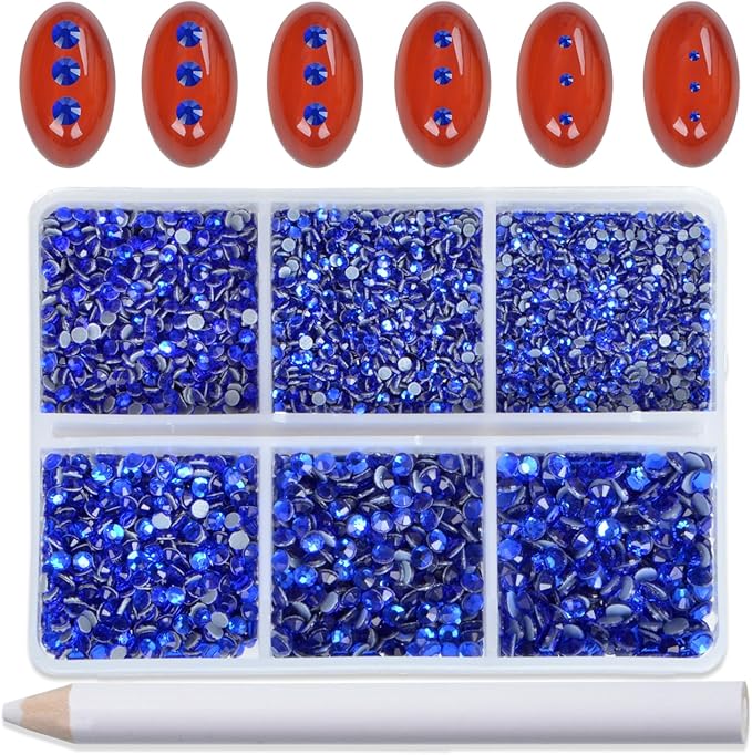Bymitel Hotfix Crystal Rhinestones Round Gems for Crafts,Mixed 6 Sizes with Wax Pencil Kit, Sapphire 1.3-3.2mm(SS3-SS12/8000pcs)