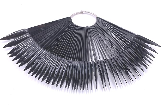 2 Sets 100 Tips Fan Shape Plastic Nail Art Tips Display Polish Board Display Practice Sticks with Metal Split Ring Holder (Black Color)
